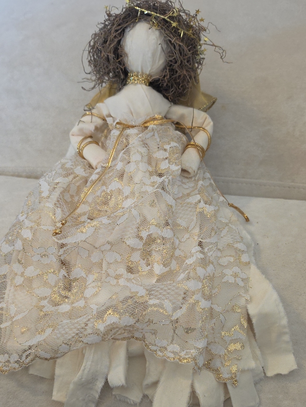 HANDCRAFTED Unique Gold Lace/RAG Angel 13" Tall, NWOT